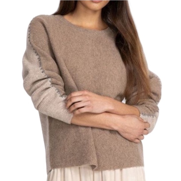 JOHNNY WAS CALME Cashmere NEW Color Block Waffle Sweater Taupe Tan NEW Size L